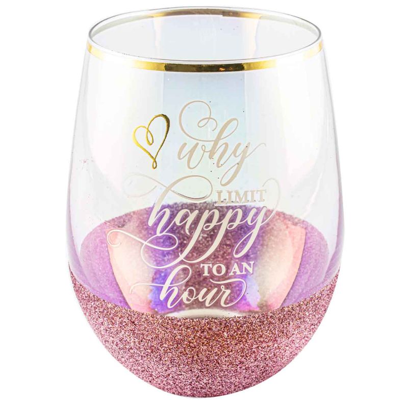 Why Limit Happy To An Hour Pink Glitterati Stemless Glass - 600ml