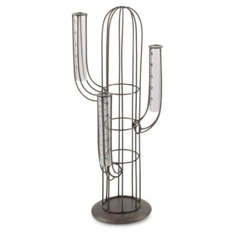 Iron Cactus Bud Vase Holder with Three Glass Tubes - 17.5cm x 15cm x 41.5cm