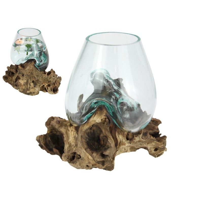 Unique Hand Blown Glass Fish Bowl Terrarium on Natural Driftwood - 22cm