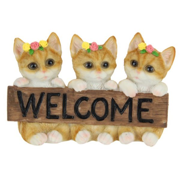 Cats with Flowers Holding Welcome Sign - 14cm