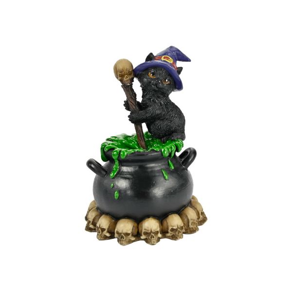 Witch Cat Stirring Magic Cauldron - 12cm