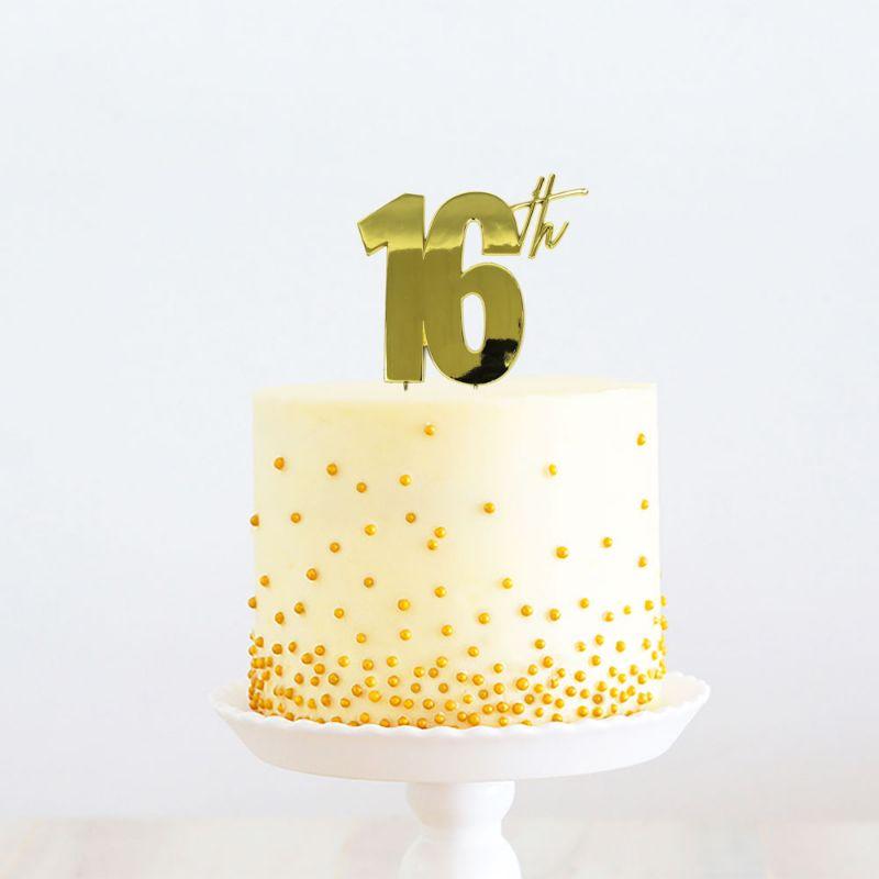 Gold 16th Metal Cake Topper - 210mm x 110mm