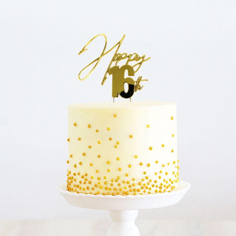 Gold Happy 16th Metal Cake Topper - 23.5cm x 13cm