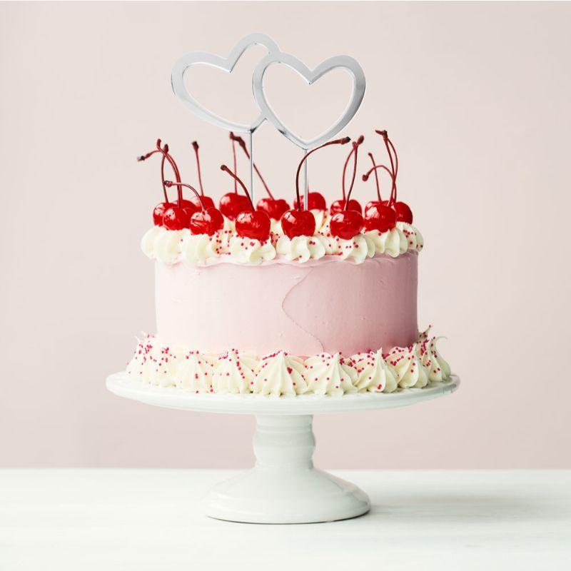 Silver Metal Cake Topper DOUBLE HEARTS - 18cm x 7cm