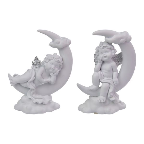 Cherub with Silver Wings Resting on Moon - 12cm