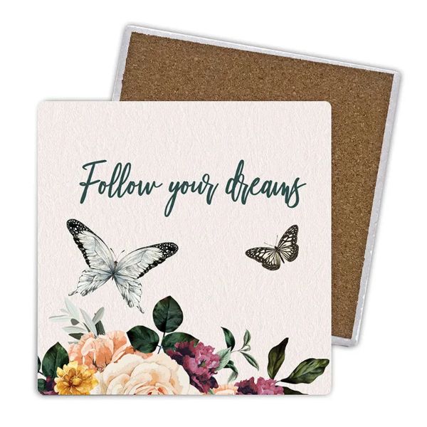 4 Pack Rose Ceramic Follow Your Dreams Coaster Gift Box - 10cm x 10cm