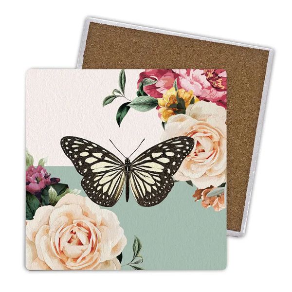4 Pack Rose Ceramic Butterfly Coaster Gift Box - 10cm x 10cm