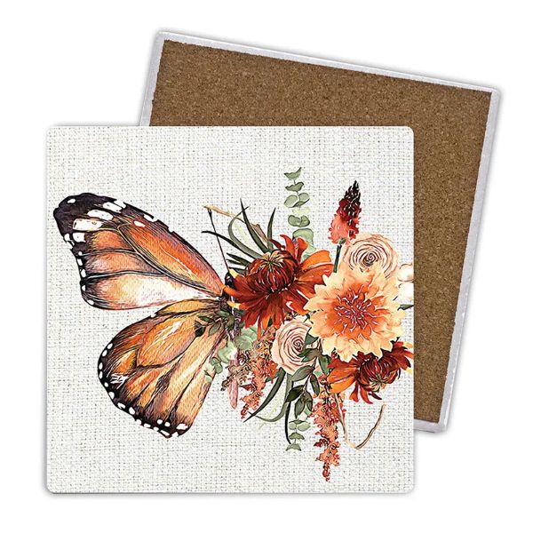 4 Pack Cinnamon Ceramic Butterfly With Country Floral Coaster Gift Box - 10cm x 10cm