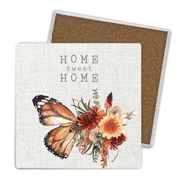 4 Pack Cinnamon Ceramic Home Sweet Home Coaster Gift Box - 10cm x 10cm