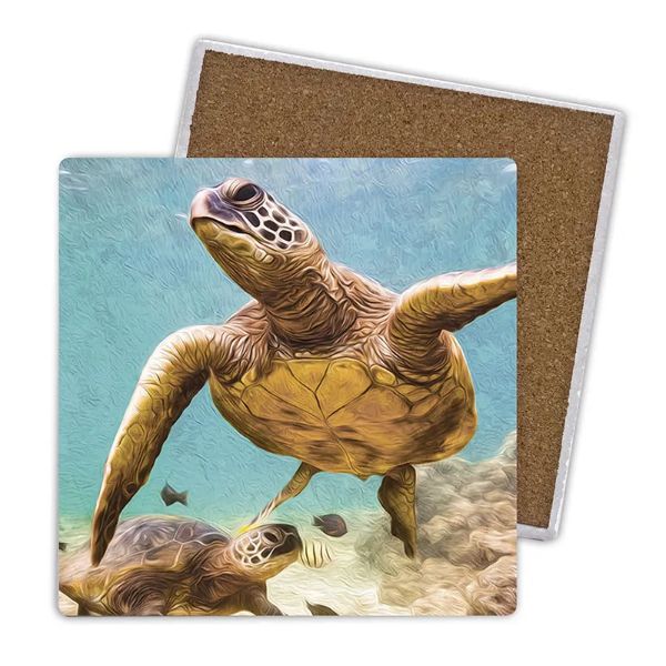 4 Pack Square Ceramic Elliot Turtle Coaster - 10cm x 10cm