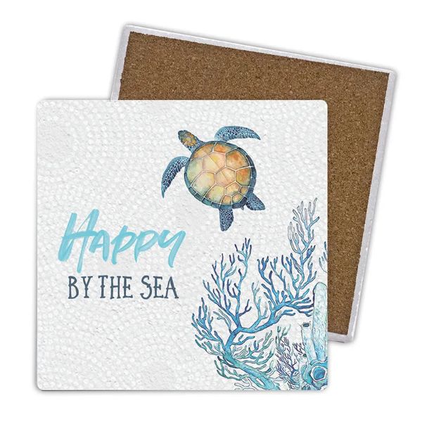 4 Pack Ceramic Elliot Turtle Happy By The Sea Coaster - 10cm x 10cm