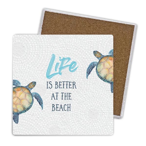 4 Pack Square Ceramic Elliot Turtle Life Is Better At The Beach Coaster - 10cm x 10cm