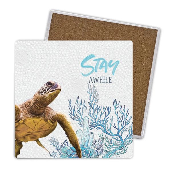 4 Pack Square Ceramic Elliot Turtle Stay Awhile Coaster - 10cm x 10cm