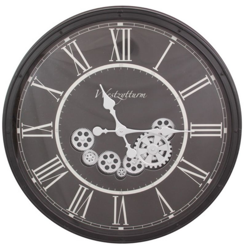 Black Round Clock with Moving Cogs - 73cm