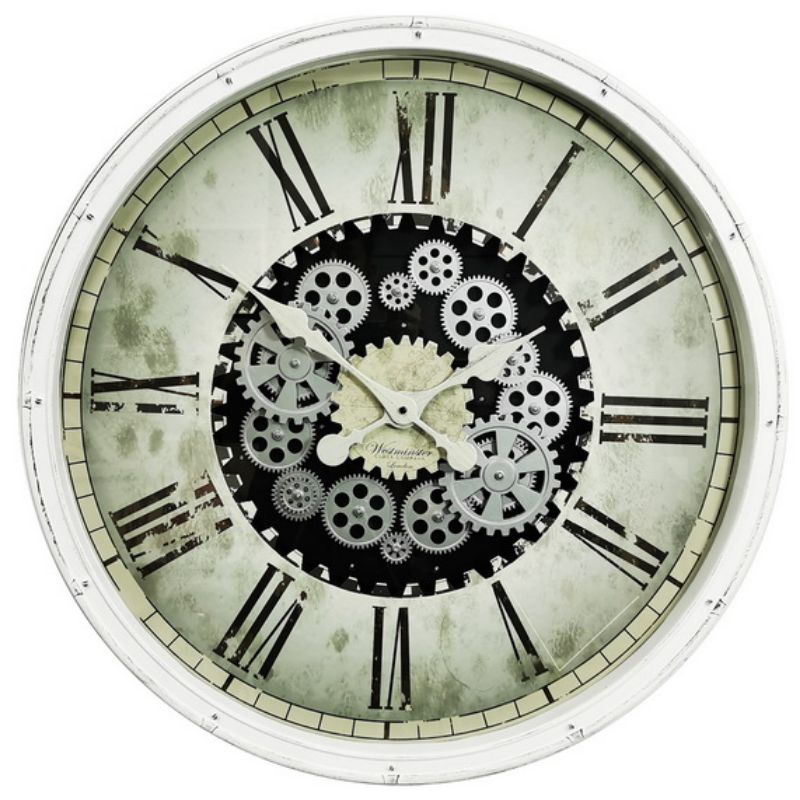 White Clock with Moving Cogs - 76cm