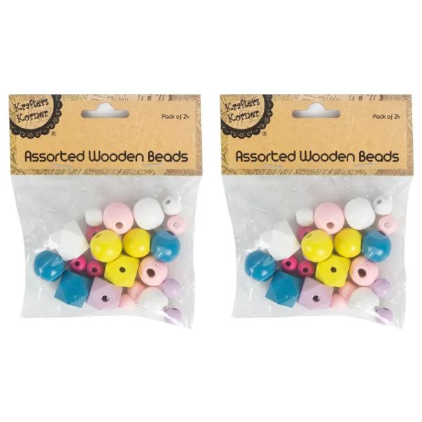 24 Pack Assorted Wooden Beads