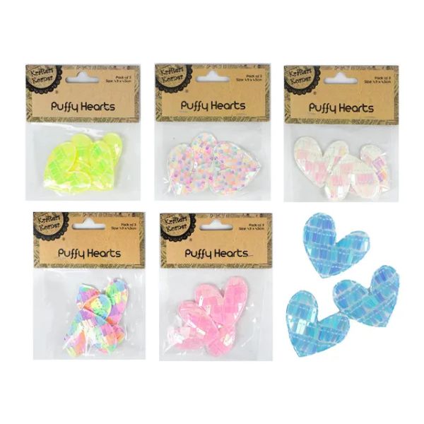 3 Pack Sequin Puffy Hearts - 4.9cm x 4.5cm