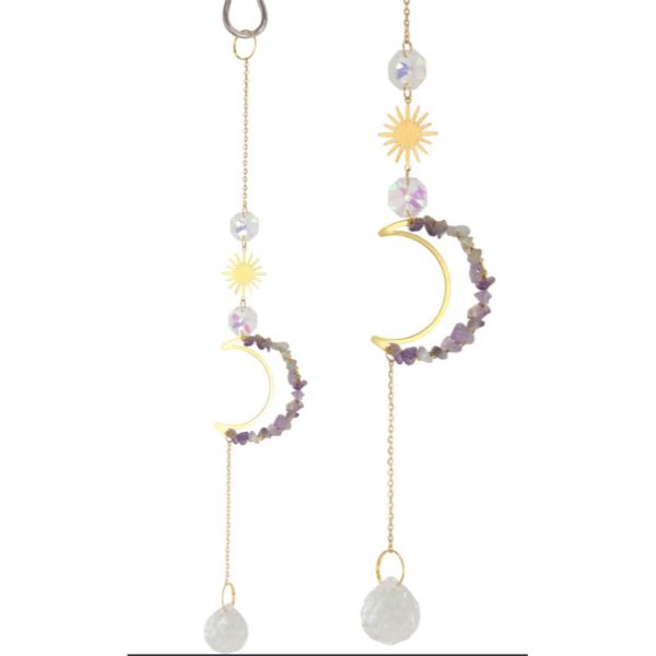 Amethyst Gem Moon Crystal Suncatcher - 29cm