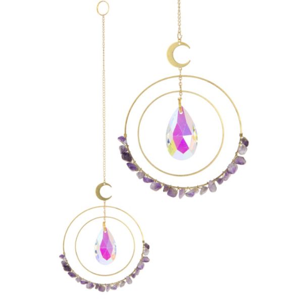 Round Amethyst Chip Crystal Suncatcher With Crescent Moon Design - 29cm