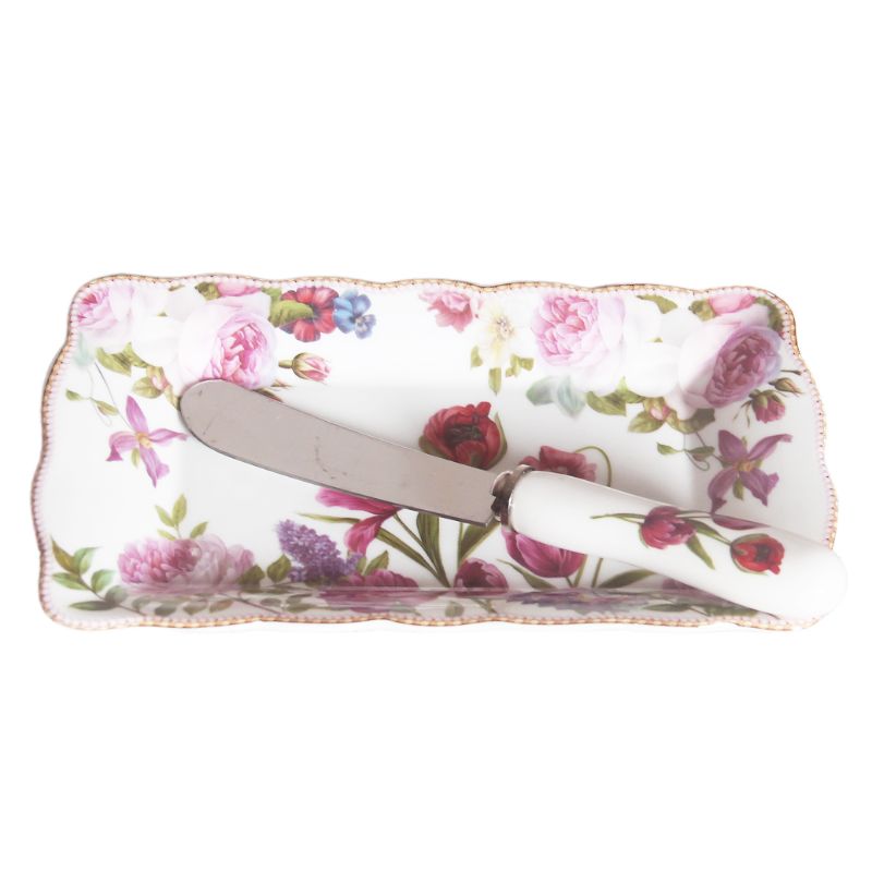 Rose and Tulip Butter Dish with Knife