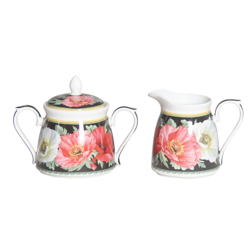 New Poppies on Black Sugar and Creamer set