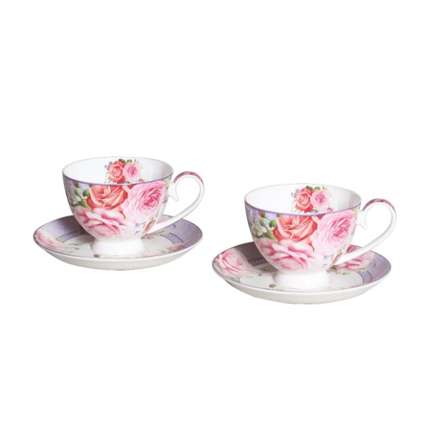 4 Pack Pink Rose Cups & Saucers - 250ml
