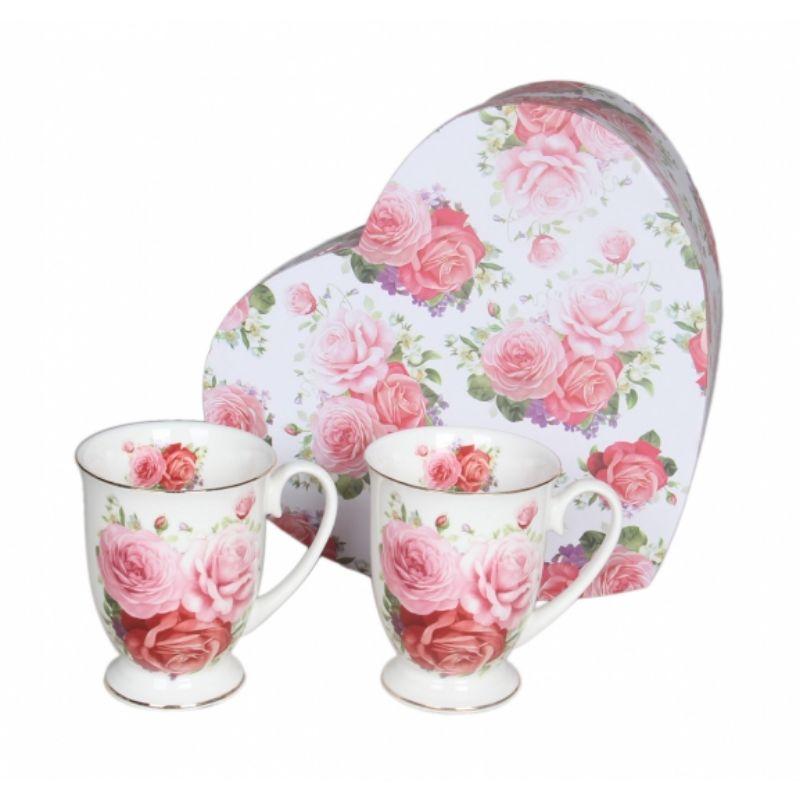 2 Pack Pink Rose Mug Cups in Heart Shape Box