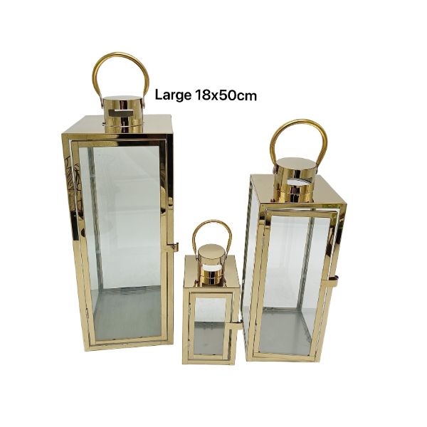 Large Polish Gold Metal & Glass Lantern - 18cm x 50cm