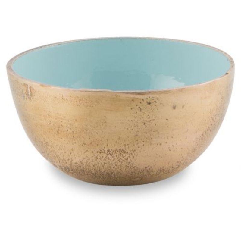 Sky Blue Aluminium & Enamel Gold Round Bowl - 17cm x 17cm x 9cm