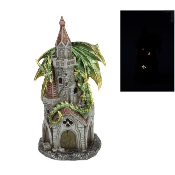 Green Dragon On Castle With Lights - 28cm