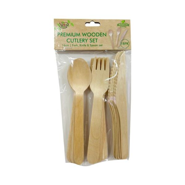 18 Pack Eco Wooden Mixed Cutlery - 16cm
