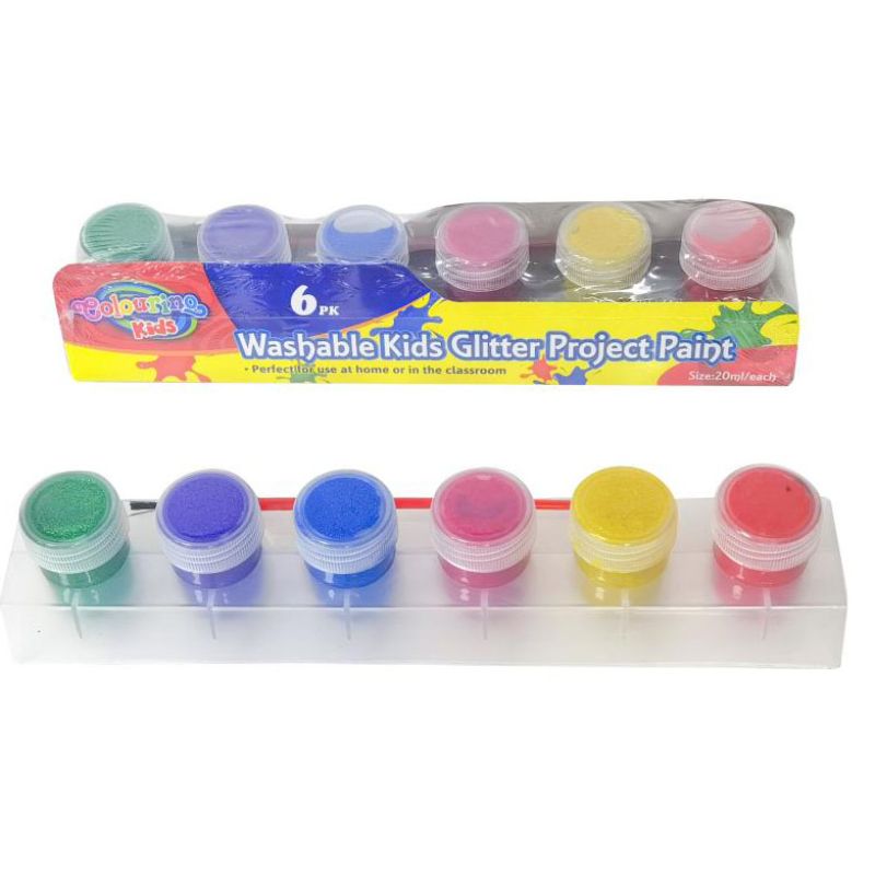 6 Pack Kids Washable Glitter Colours Project Paint - 20ml