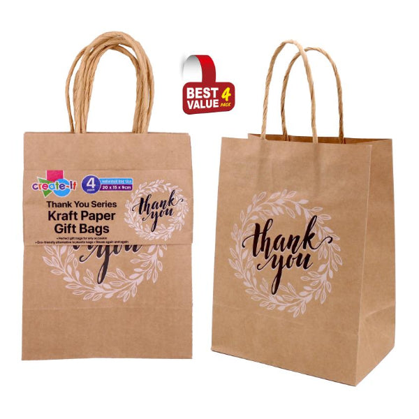 4 Pack Thank you Craft Gift Bags - 20cm x 15cm x 9cm