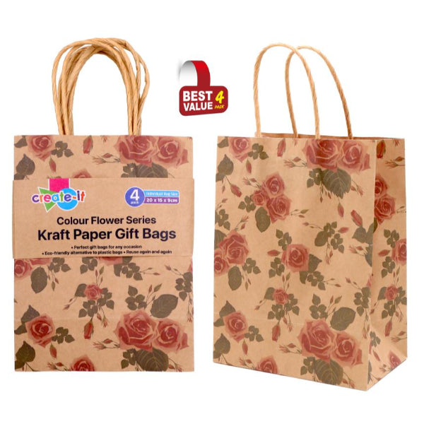 4 Pack Floral Craft Gift Bags - 20cm x 15cm x 9cm