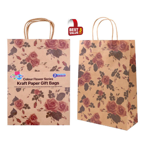 3 Pack Colour Flower Craft Gift Bags - 35cm x 25cm x 10cm