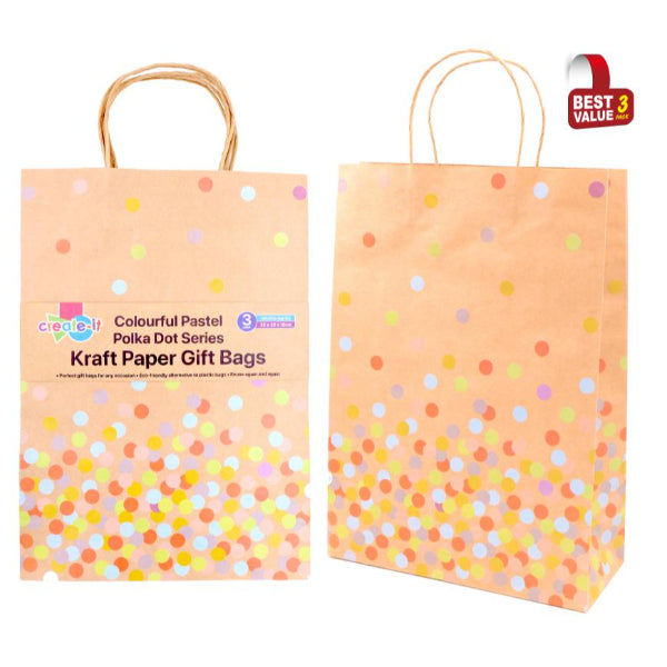 3 Pack Colourful Pastel Polka Dot Craft Gift Bags - 35cm x 25cm x 10cm