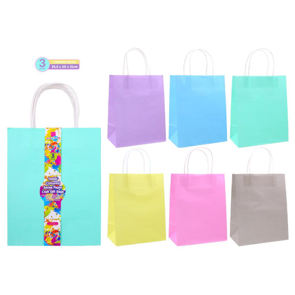 3 Pack Colourful Pastel Craft Gift Bags - 25.5cm x 20cm x 12cm