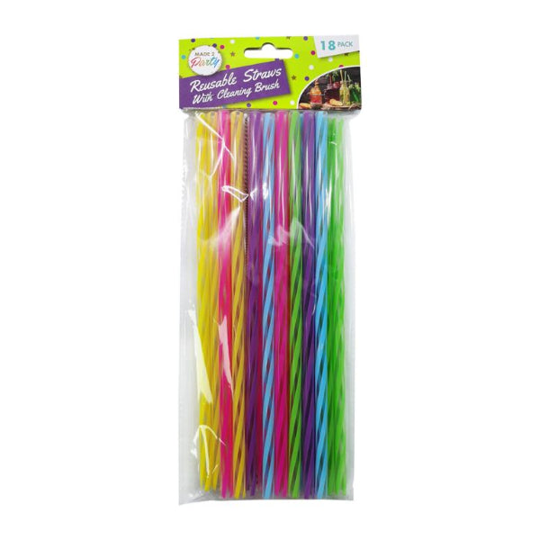 18 Pack Multi-coloured Striped Reusable Straws With Cleaning Brush - 25cm