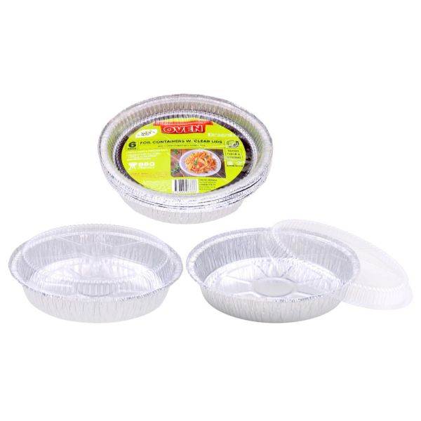 6 Pack Round Foil Trays With Clear Lids - 23.2cm x 4.5cm