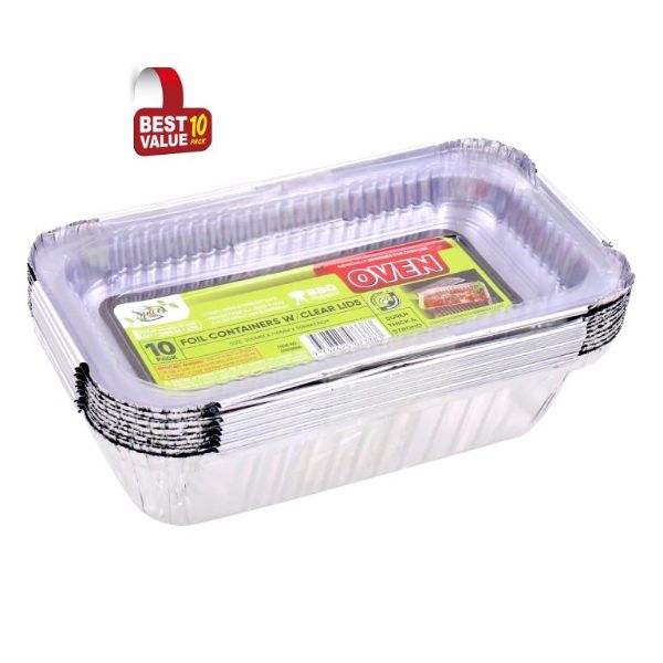 10 Pack Rectangular Foil Trays With Clear Lids - 20cm x 11cm x 4.5cm