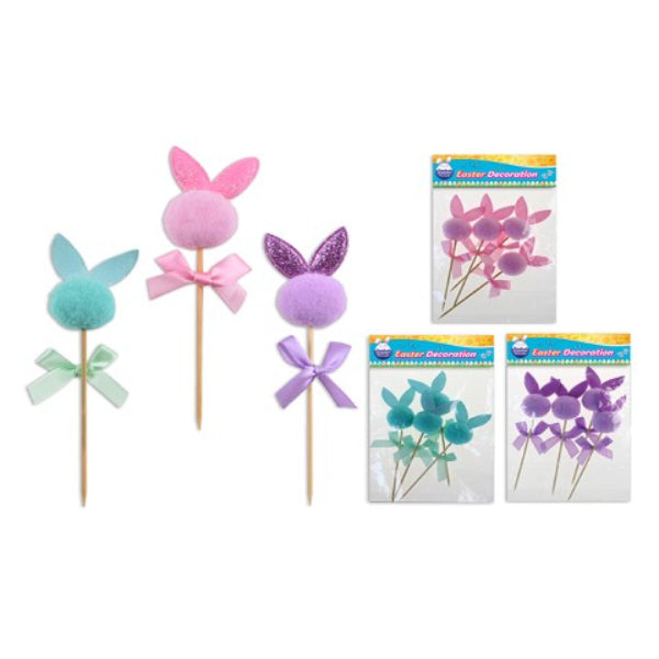EASTER POMPOM BUNNY W/EAR PICKS 4PK 14.5CM 3ASST