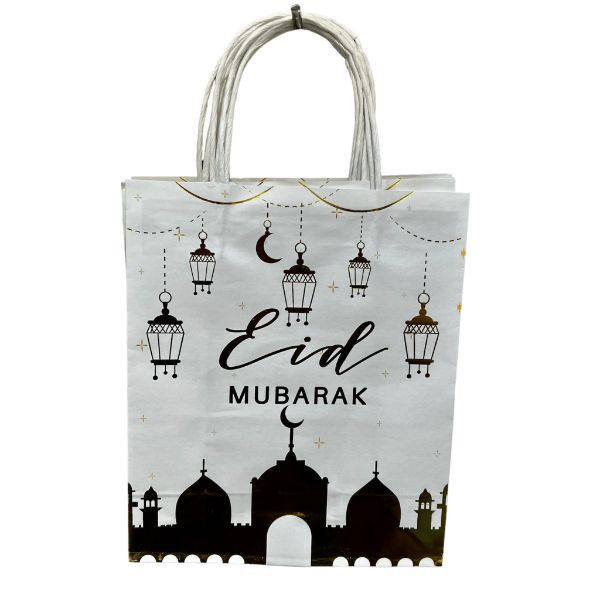 6 Pack White & Gold Eid Gift Bag - 21cm x 15cm x 8cm