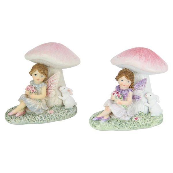 Fairy with Rabbit Sitting Under Mushroom - 8.5cm