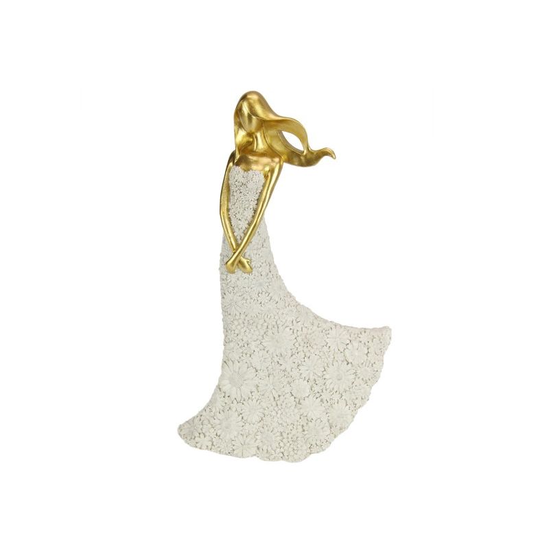 Gold Accented Lady in White Floral Dress - 28cm