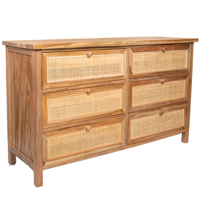 Solid Teak Dresser with 6 Drawers with Rattan Webbing - 145cm x 46cm x 86cm