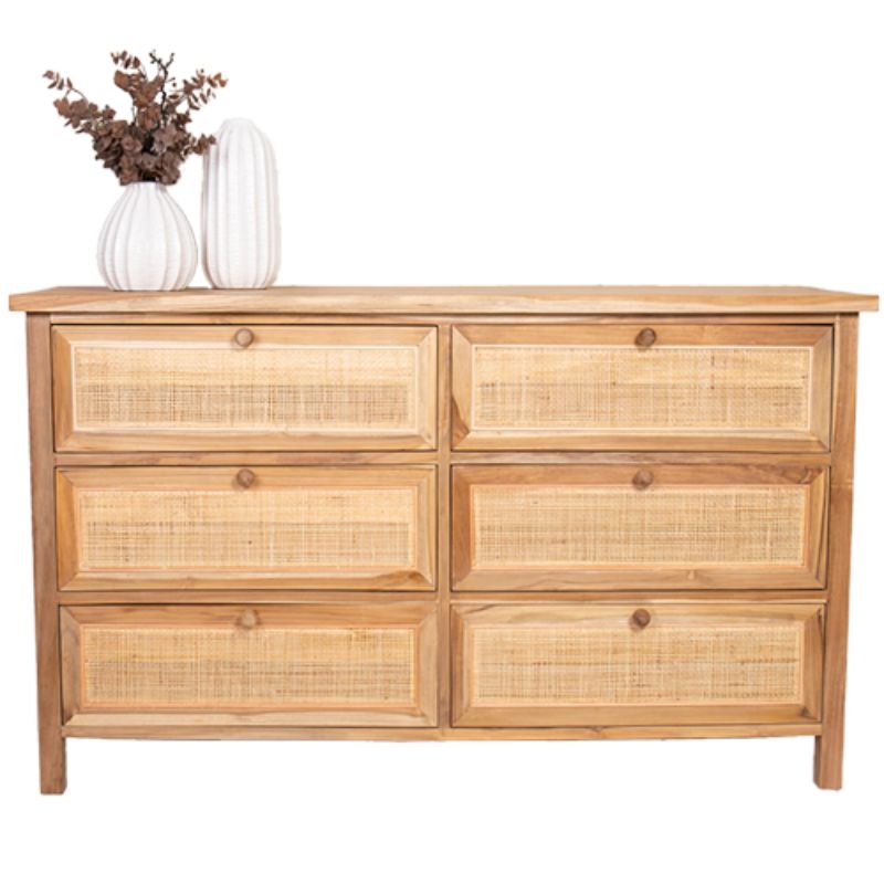 Solid Teak Dresser with 6 Drawers with Rattan Webbing - 145cm x 46cm x 86cm