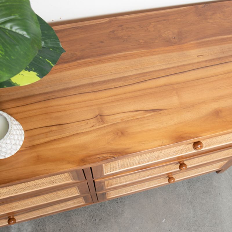 Solid Teak Dresser with 6 Drawers with Rattan Webbing - 145cm x 46cm x 86cm