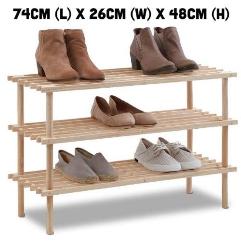 3 Tier Natural Colour Shoe Rack - 74cm x 26cm x 48cm