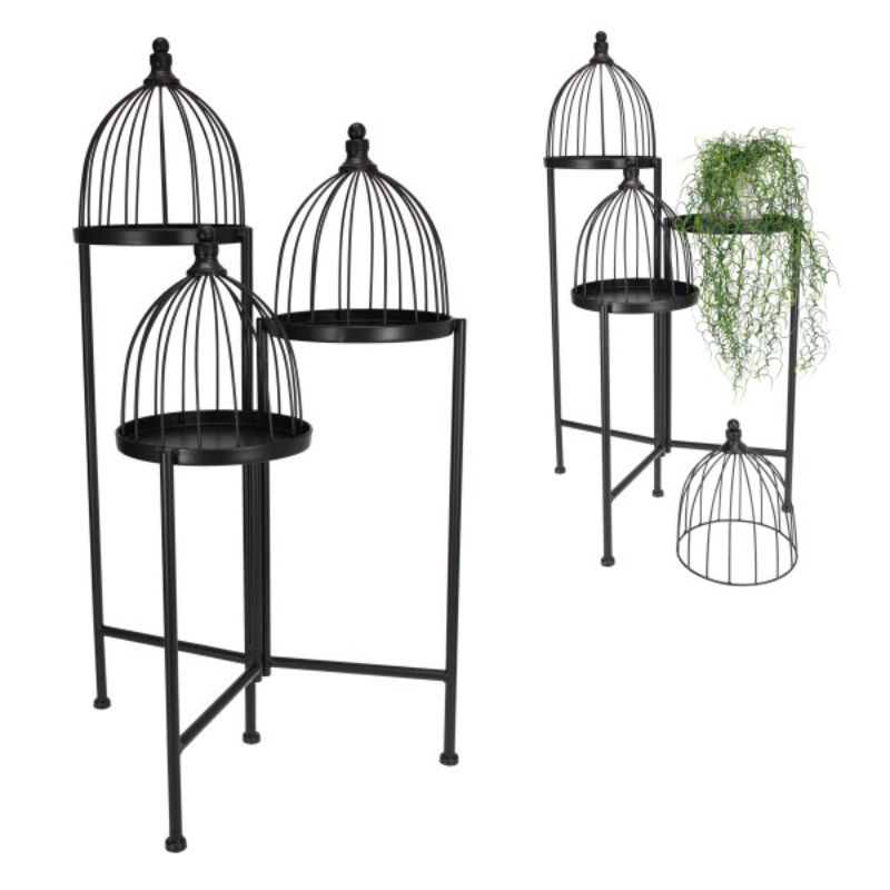 3 Tier Black Metal Planter Stand with Bird Cage Decor Tops - 82cm