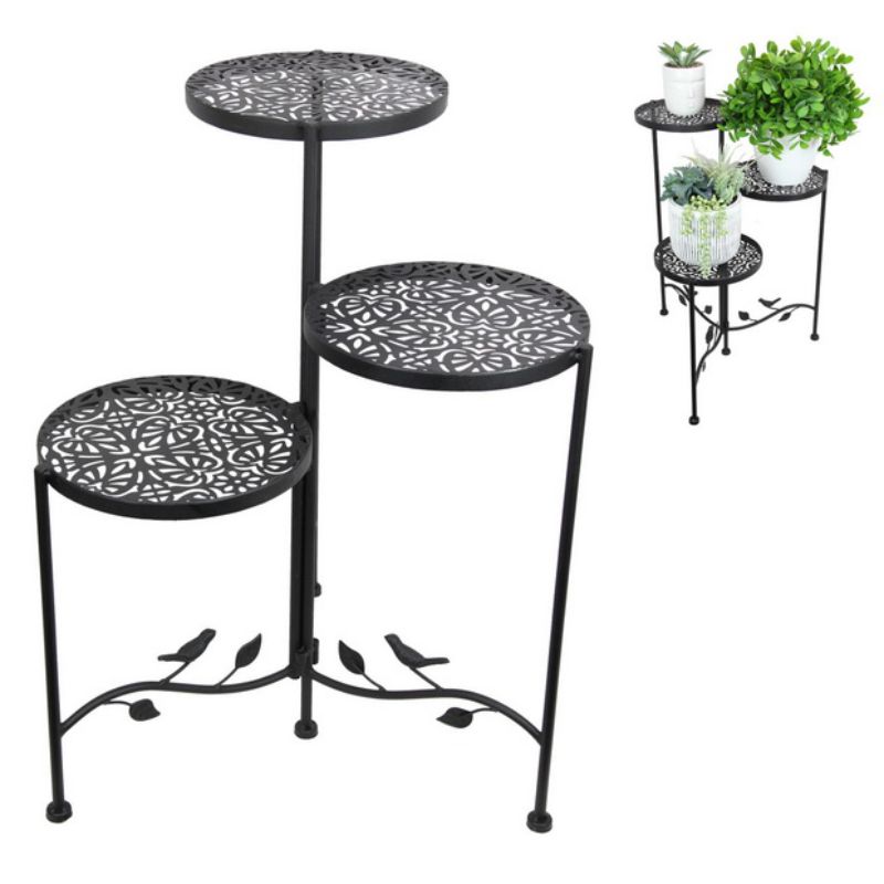 Black Metal Triple Pot Stand with Bird Design - 58cm